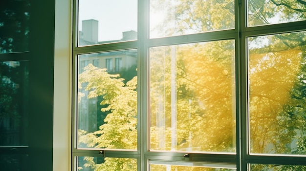 Vue ensoleillée de la ville à travers une fenêtre de verre par une chaude journée d'été