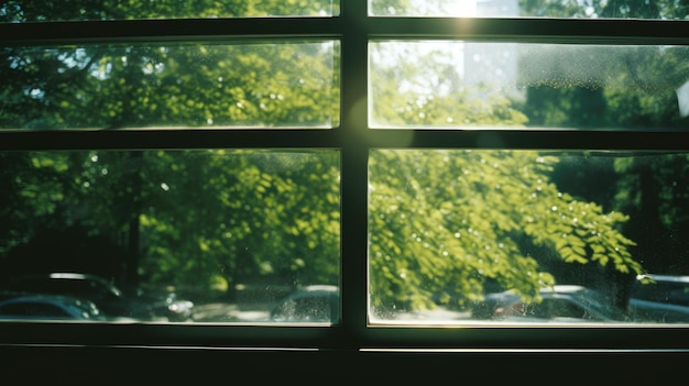 Vue ensoleillée de la ville à travers une fenêtre de verre par une chaude journée d'été