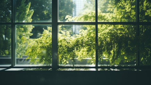 Vue ensoleillée de la ville à travers une fenêtre de verre par une chaude journée d'été