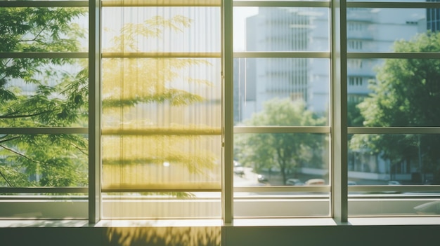 Vue ensoleillée de la ville à travers une fenêtre de verre par une chaude journée d'été