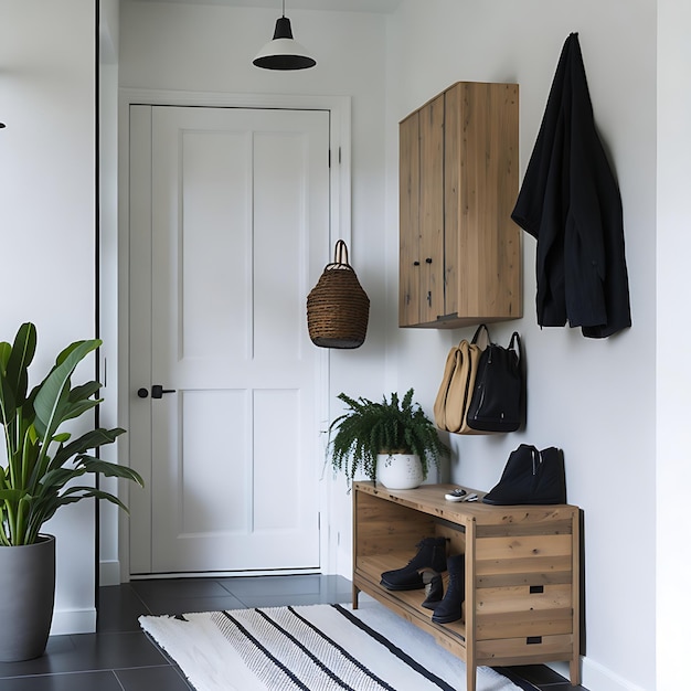 Vue de l'entrée moderne avec décoration intérieure Solution de design d'intérieur inventive en utilisant un noir