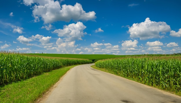 Vue de l'environnement naturel vert avec des champs de maïs et une route Paysage de belle nature agricole