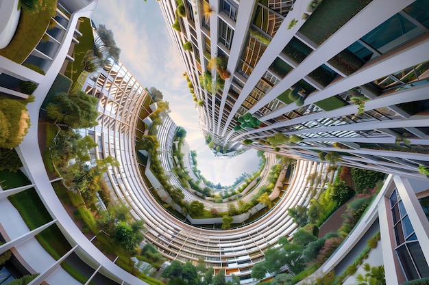 Vue époustouflante d'un bâtiment circulaire avec des balcons en cascade