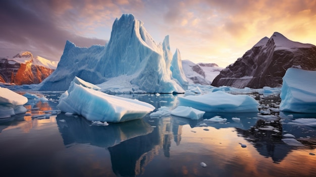 Une vue époustouflante du coucher de soleil sur les icebergs Un paysage inspiré de John Wilhelm