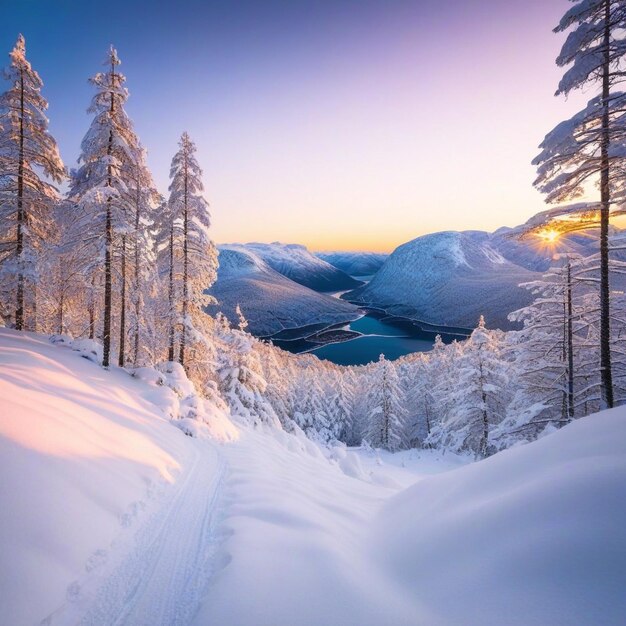 Vue époustouflante d'une forêt couverte de neige au coucher du soleil en Norvège