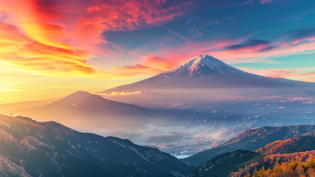 Une vue époustouflante sur le mont Fuji, majestueux contre un ciel coloré au lever du soleil, symbole de la beauté naturelle et de l'importance culturelle du Japon.