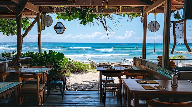 Photo vue époustouflante de la plage depuis un bar de plage le bar de plague est décoré en bois et a une atmosphère rustique