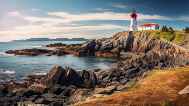 Une vue époustouflante et spectaculaire d'un phare sur une côte rocheuse avec des vagues qui s'écrasent