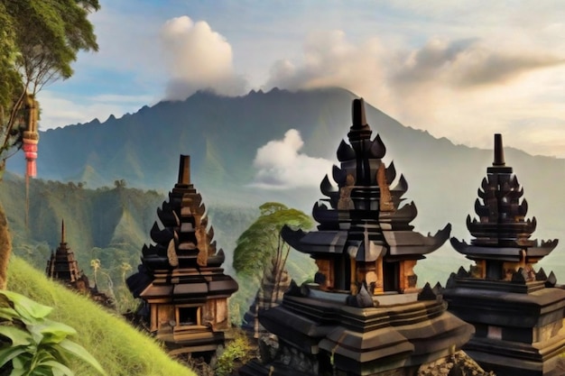 Une vue époustouflante sur les temples indonésiens aux sculptures complexes et aux décorations colorées