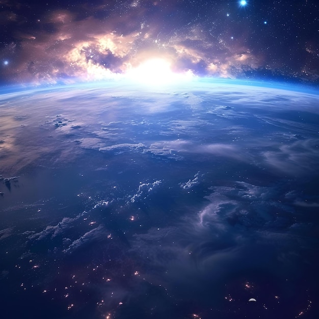 Vue époustouflante de la Terre depuis l'espace avec un horizon brillant beauté cosmique éthérée capturée pour des œuvres d'art numériques et des arrière-plans AI
