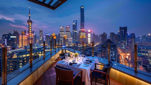 Photo une vue époustouflante d'une ville moderne la nuit d'un restaurant sur le toit