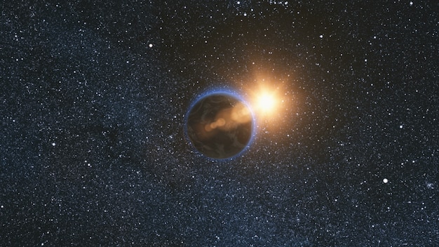 Vue de l'espace sur la planète terre et l'étoile du soleil tournant sur son axe dans une boucle harmonieuse de l'univers noir avec