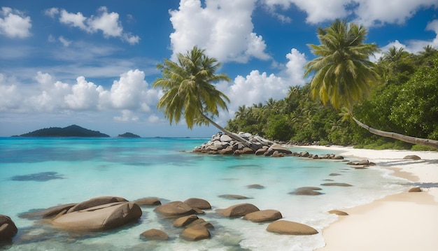 Vue estivale sur la plage de l'île aux eaux claires agrémentée de cocotiers autour