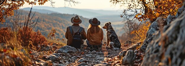 Photo vue étendue d'un couple adorable et d'un chien qui passent du temps à l'extérieur.