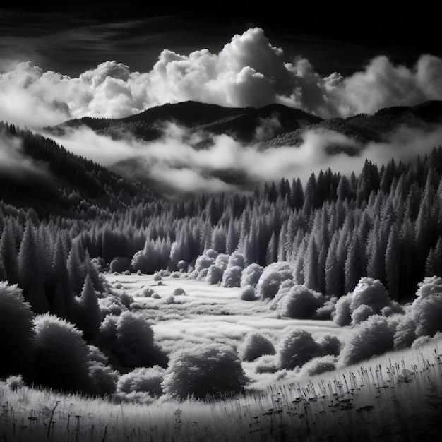 Vue éthérée paysage forestier infrarouge mystique avec montagnes généré par l'IA