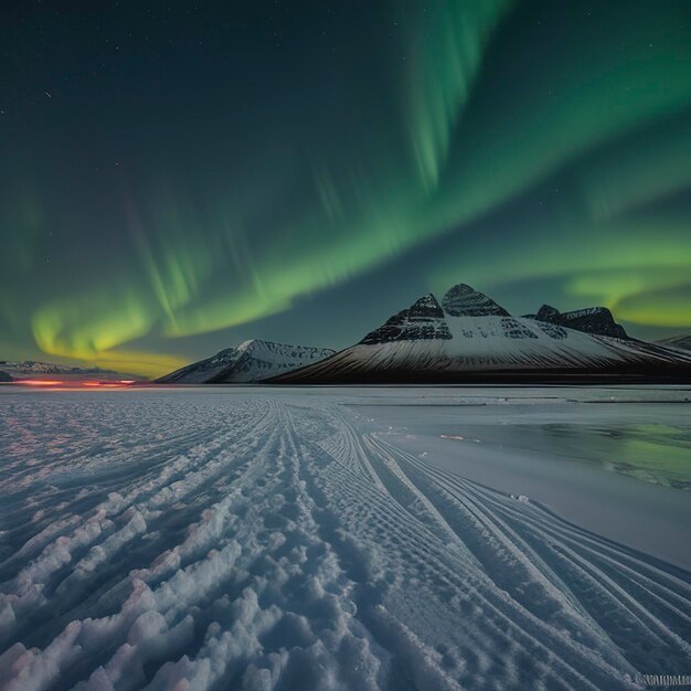 Vue étonnante de l'aurore boréale verte brillant dans le ciel nocturne sur la crête montagneuse enneigée avec la plage de stockness de sable noir et la montagne vestrahorn en arrière-plan en Islande