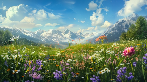 Une vue étonnante sur les fleurs, les prairies, le paysage en arrière-plan.