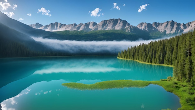 Une vue exquise et détaillée d'un lac entouré de montagnes