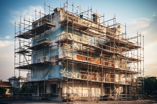 Vue extérieure frontale de l'échafaudage en tissu de filet devant le bâtiment sur le chantier de construction IA générative