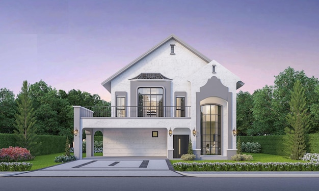 Vue extérieure de la maison contemporaine avec gazon 3D