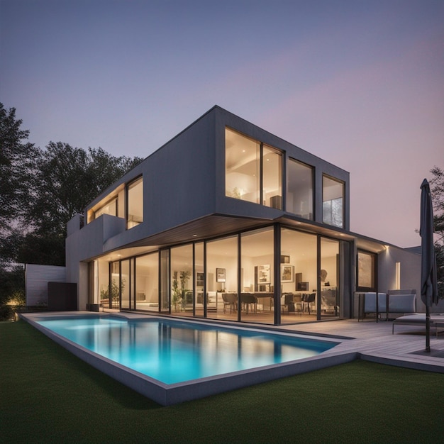 Vue extérieure d'une maison contemporaine avec piscine en papier peint