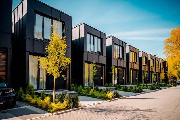 Vue extérieure d'une maison privée minimaliste moderne de deux étages avec une conception cubique située dans la forêt