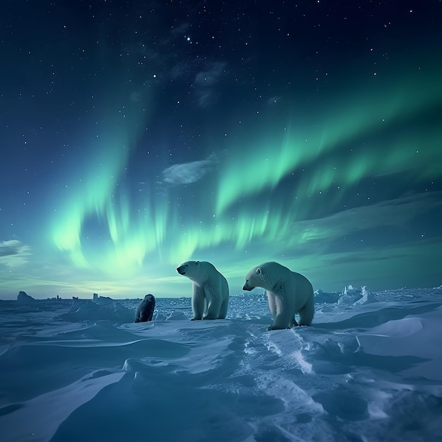 Photo vue extrême à long terme de l'horizon arctique avec aurores boréales