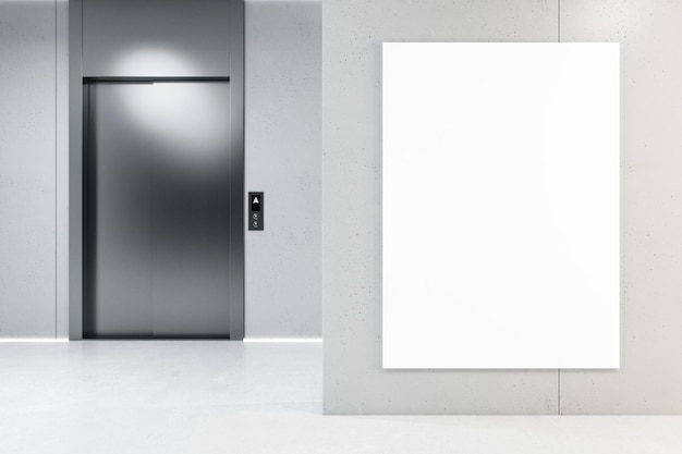 Vue de face sur une affiche blanche vierge sur un mur en béton dans le hall vide du centre d'affaires avec un ascenseur moderne maquette de rendu 3D
