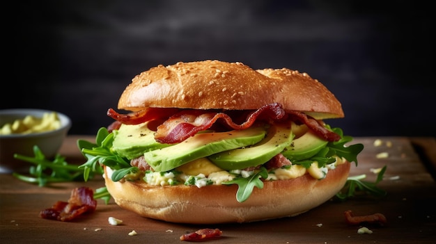 Vue de face bagel farci au bacon roquette AI générative