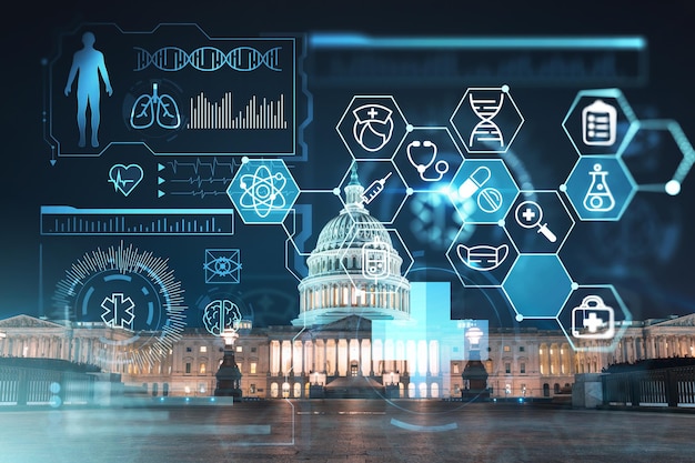 Vue de face Bâtiment du dôme du Capitole la nuit Washington DC États-Unis Illuminé Maison du Congrès et Capitol Hill Hologramme de médecine numérique de soins de santé Le concept de traitement et de prévention des maladies