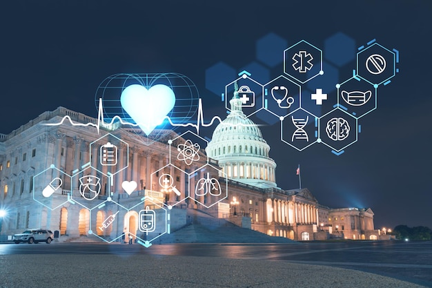 Vue de face Bâtiment du dôme du Capitole la nuit Washington DC États-Unis Illuminé Maison du Congrès et Capitol Hill Hologramme de médecine numérique de soins de santé Le concept de traitement et de prévention des maladies