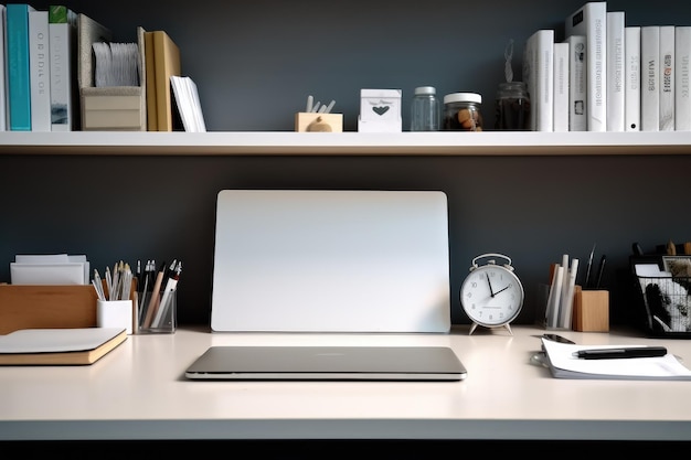 Vue de face Bureau avec outils de bureau ordinateur portable sur fond de table en bois avec espace de copie AI générative