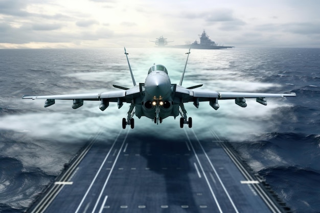 Vue de face d'un chasseur à réaction militaire atterrissant sur le pont d'un porte-avions Ciel nuageux au-dessus de l'horizon marin L'interaction des manœuvres militaires de la marine et de l'aviation Rendu 3D