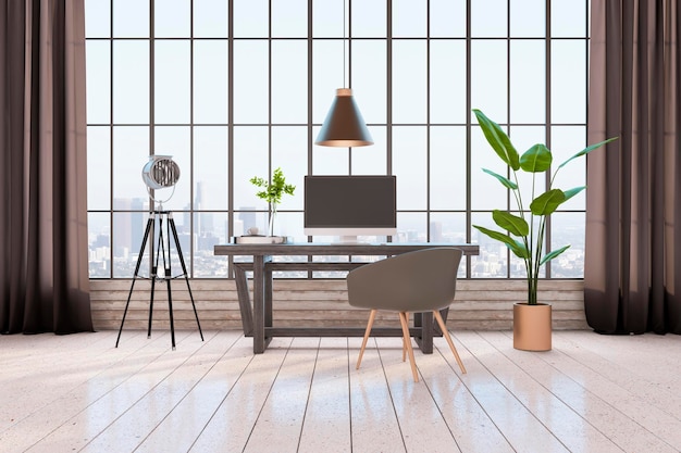 Vue de face sur la conception de bureau de style écologique avec lieu de travail en bois avec projecteur vintage d'ordinateur moderne et plante verte sur plancher en bois et vue sur la ville de mégapole depuis une immense fenêtre rendu 3D