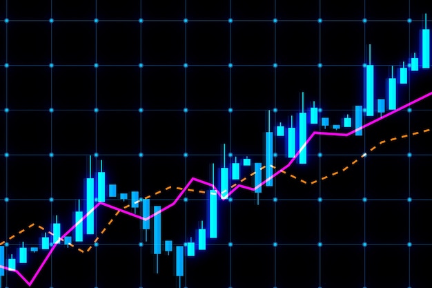 Vue de face croissance du marché boursier investissement d'entreprise et concept de données avec des diagrammes de graphiques financiers numériques et des indicateurs sur fond bleu foncé rendu 3D