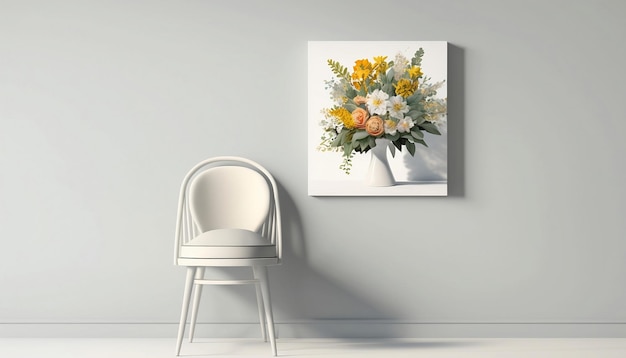 Vue de face du bouquet de fleurs sur une chaise blanche