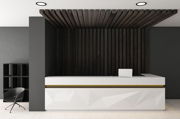 Vue de face du bureau de réception moderne à l'intérieur du hall avec rendu 3D de la lumière du jour