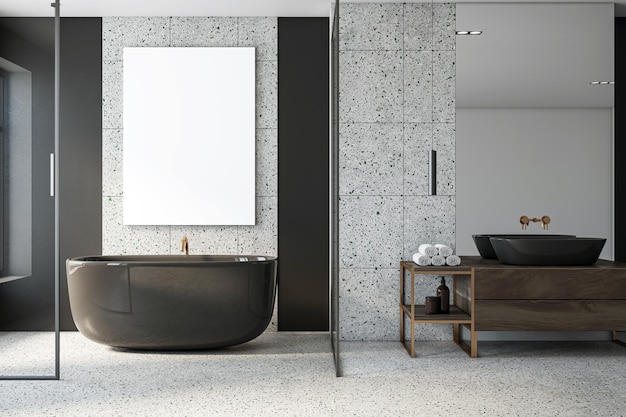 Vue de face du cadre d'image blanc vierge sur le mur de pierre grise dans un intérieur de salle de bain moderne avec maquette de fenêtre Rendu 3D