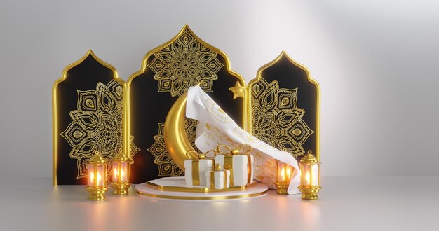 Vue de face du concept 3d de podium de luxe accueillant le mois du Ramadan avec boîte-cadeau et lune