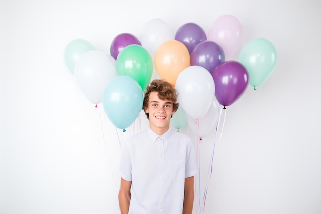 Vue de face du jeune homme tenant des ballons colorés sur un mur blanc