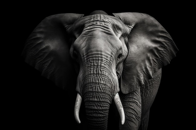 Vue de face d'un éléphant isolé sur fond noir généré par l'IA