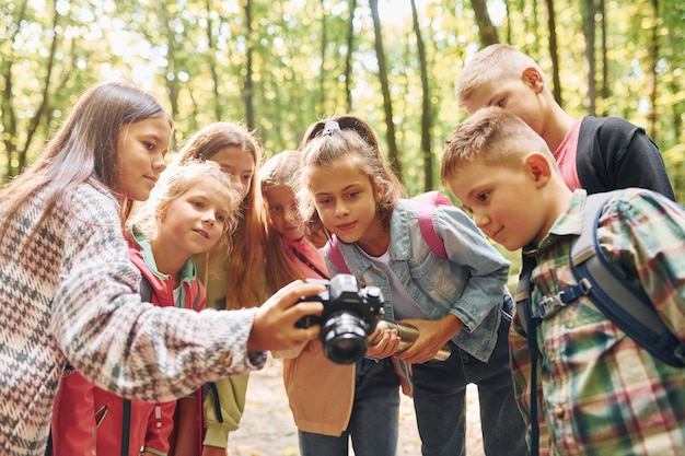 Photo vue de face enfants dans la forêt verte pendant la journée d'été ensemble