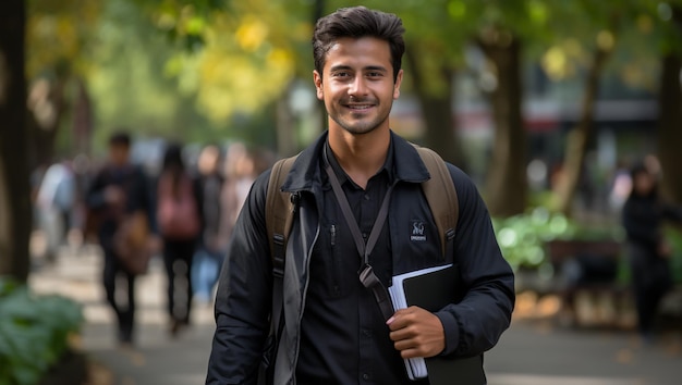 Vue de face d'un étudiant indien portant des sacs