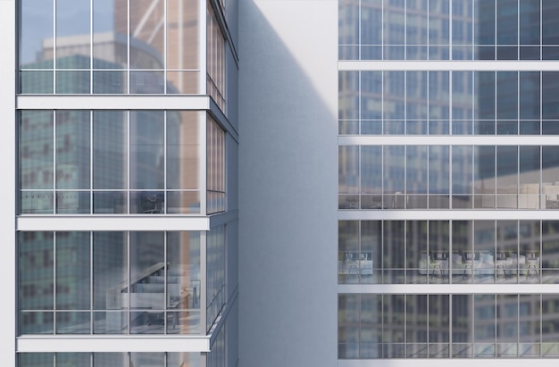 Vue de face d'un extérieur d'un gratte-ciel gris avec de grandes fenêtres et une gigantesque affiche entre elles. rendu 3d, maquette