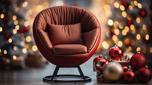 Vue de face fauteuil rouge au premier plan décor de Noël flou