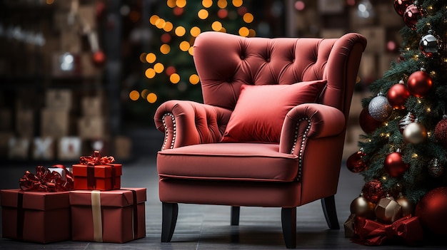 Vue de face fauteuil rouge au premier plan décor de Noël flou