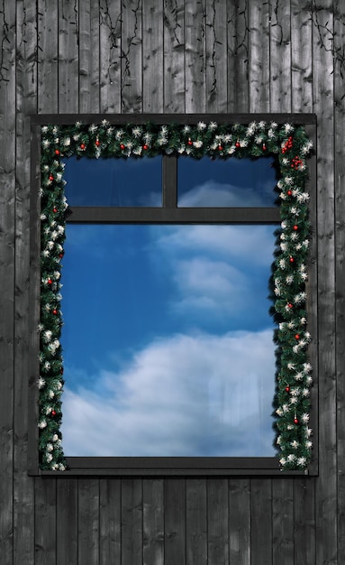 Vue de face de fenêtre décorée pendant des vacances avec la réflexion du ciel nuageux bleu dedans