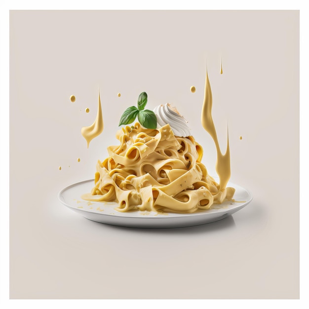 Vue de face fettucine alfredo au basilic sur fond blanc