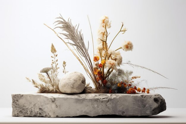 Photo vue de face d'un fond blanc avec un podium en pierre et une fleur sèche