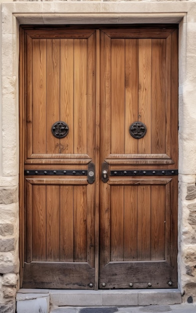 Photo vue de face en gros plan d'une grande porte de grange double en bois vintage avec texture de bois brun et poignée métallique et boulons isolés sur fond blanc